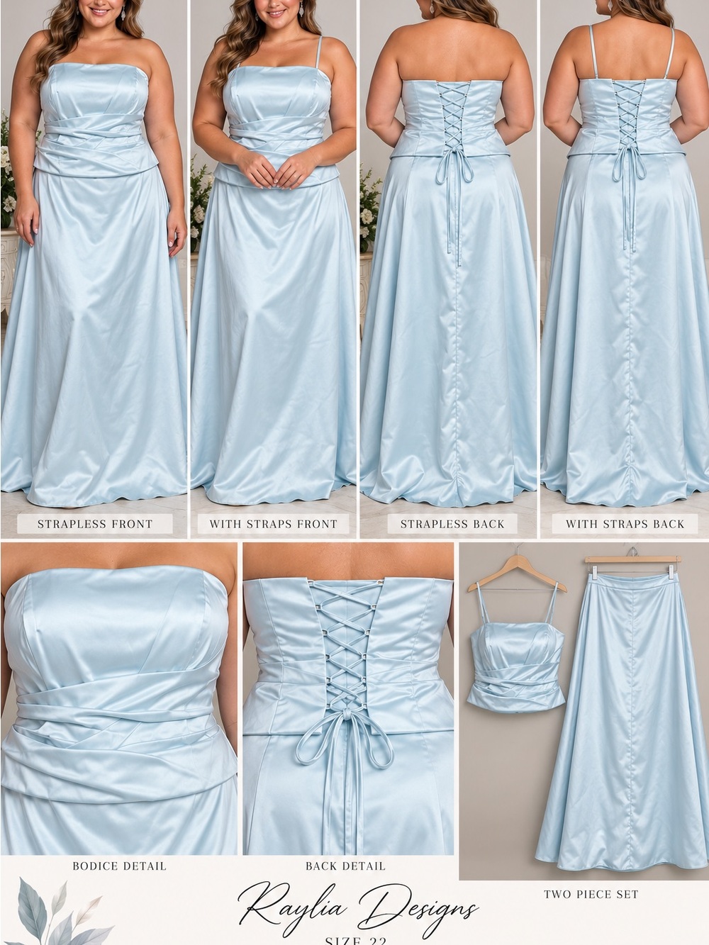 Raylia Designs Size 22 Pale Blue Satin 2 Piece Formal Prom Dress Set NWT